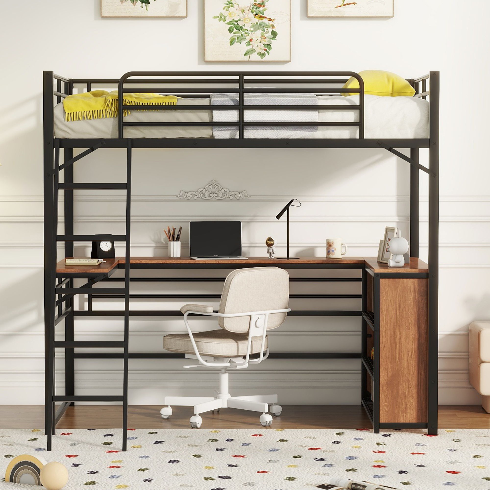 Loft Bed &amp; 3 Layers Of Shelves And L-Shaped Desk