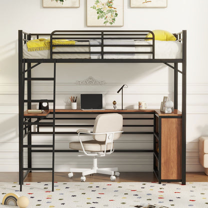 Loft Bed &amp; 3 Layers Of Shelves And L-Shaped Desk