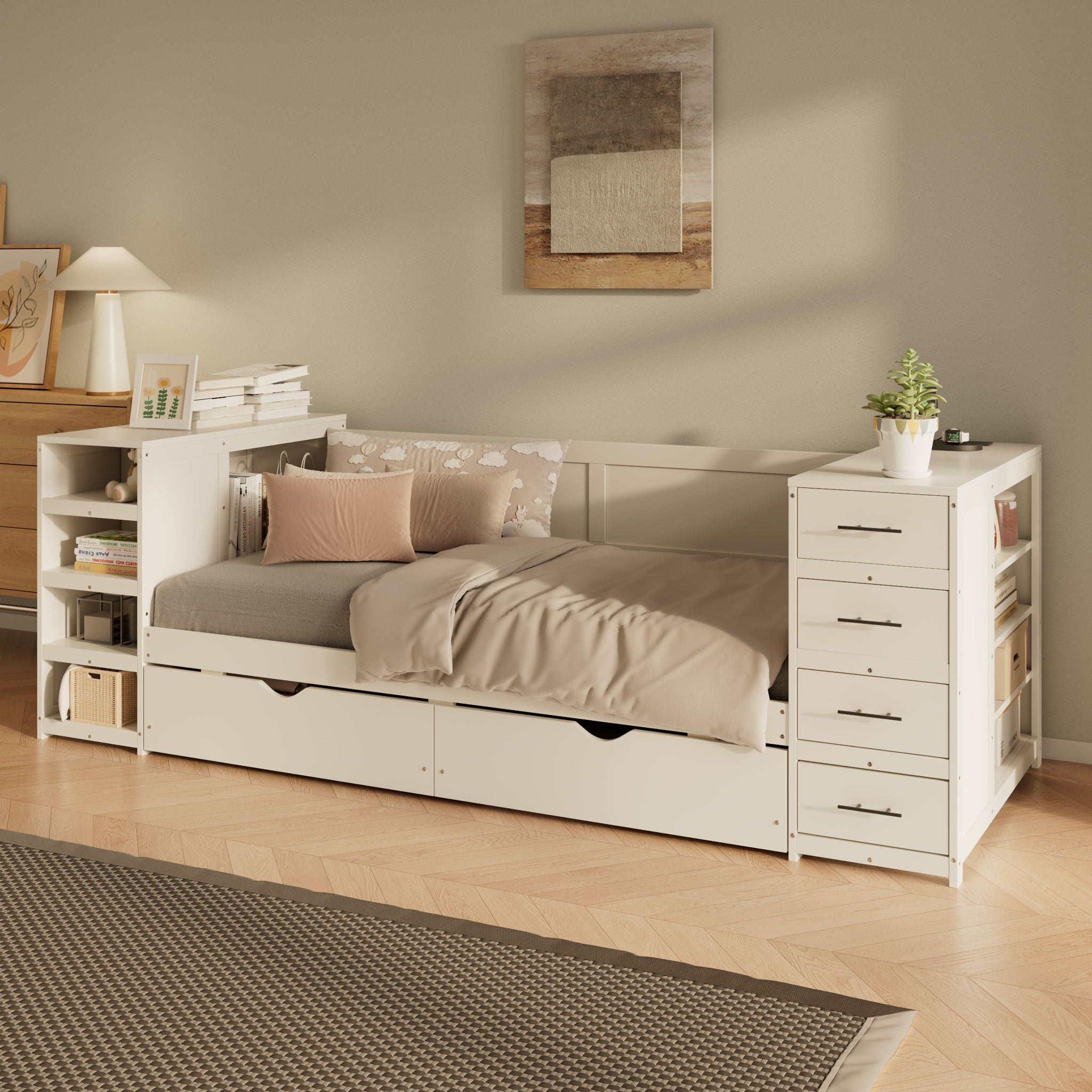 Daybed With Side Shelves, Multi Functional Desk &amp; Charging Station