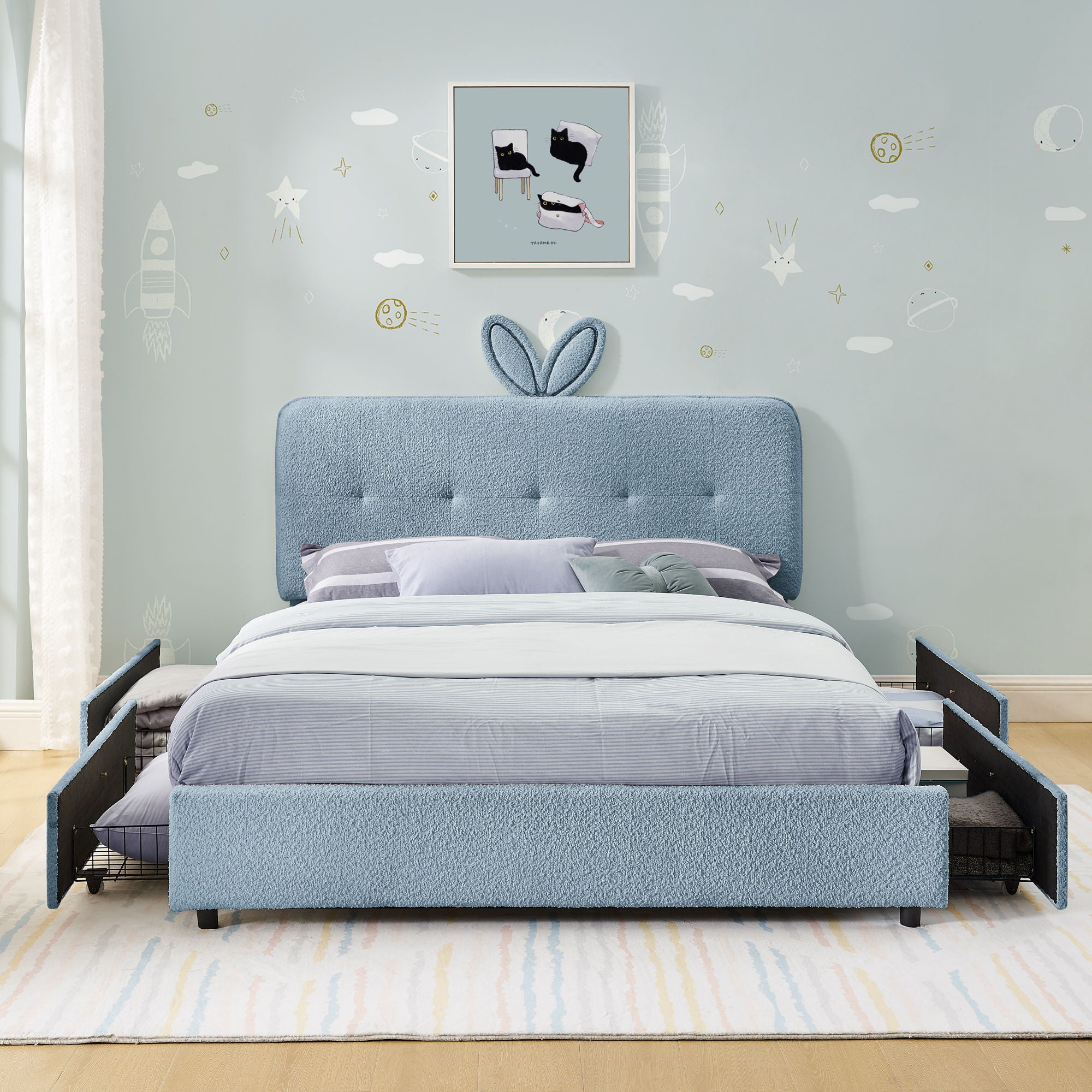 Upholstered Bed With Oversized Rabbit Ear Headboard, LED Lights &amp; 4 Storage Drawers