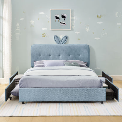 Upholstered Bed With Oversized Rabbit Ear Headboard, LED Lights &amp; 4 Storage Drawers