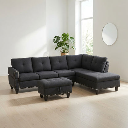 L - Shaped 3 Piece Sectional Sofa With Chaise, Storage Ottoman &amp; Cup Holders