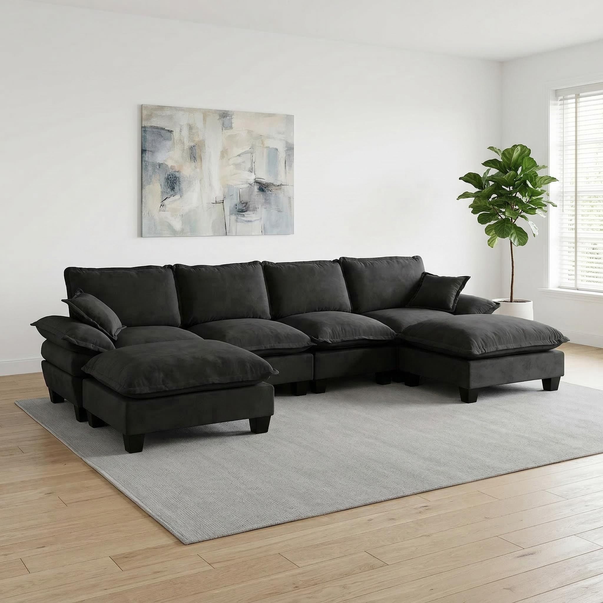 Modular Sectional Sofa With Movable Ottoman &amp; Pillows