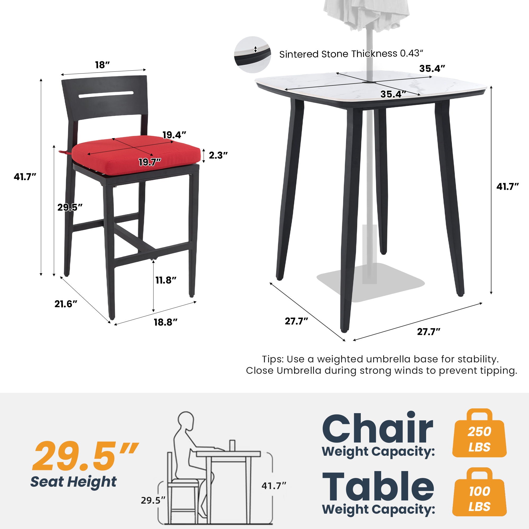 5 Pieces Outdoor Patio Bar Set, Rounded Square Table &amp; 4 Aluminum Bar Stools