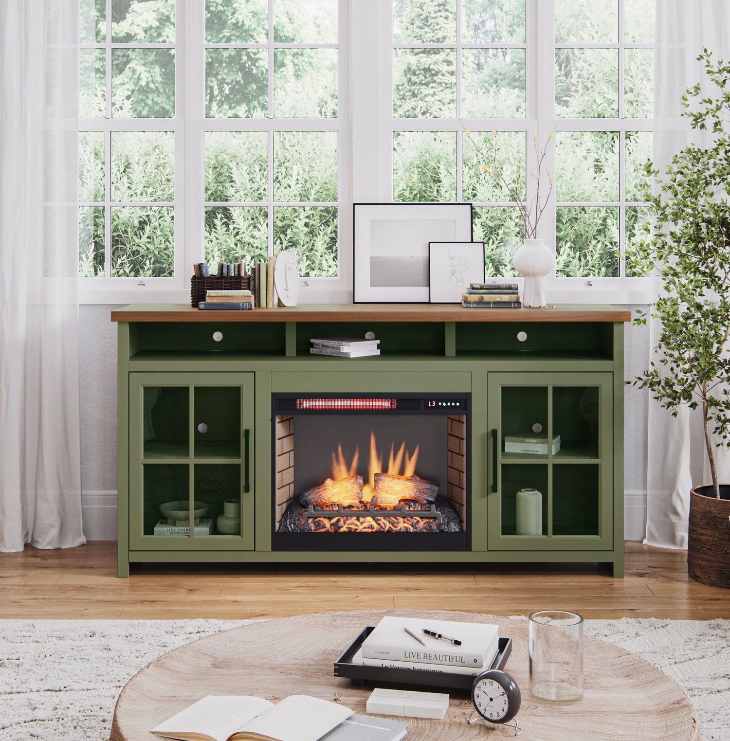 Vineyard - 74&quot; Fireplace TV Stand Console For TVs Up To 85&quot; - Sage Green And Fruitwood