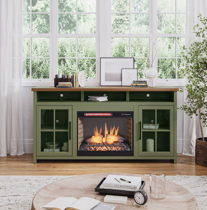 Vineyard - 74&quot; Fireplace TV Stand Console For TVs Up To 85&quot; - Sage Green And Fruitwood