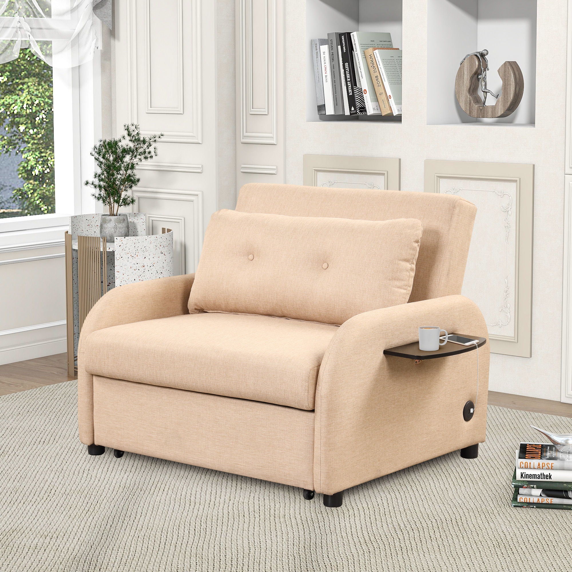 Versatile Pull Out Sofa Sleeper 3 In 1 With Wing Table &amp; USB Charge, Compact Design