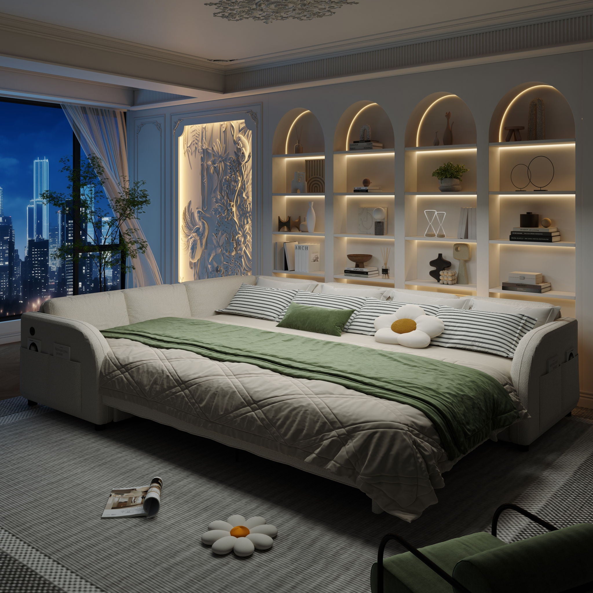 L-Shaped Couch With Pull-Out Bed, Convertible Sleeper Sofa With Side Pocket &amp; USB Port