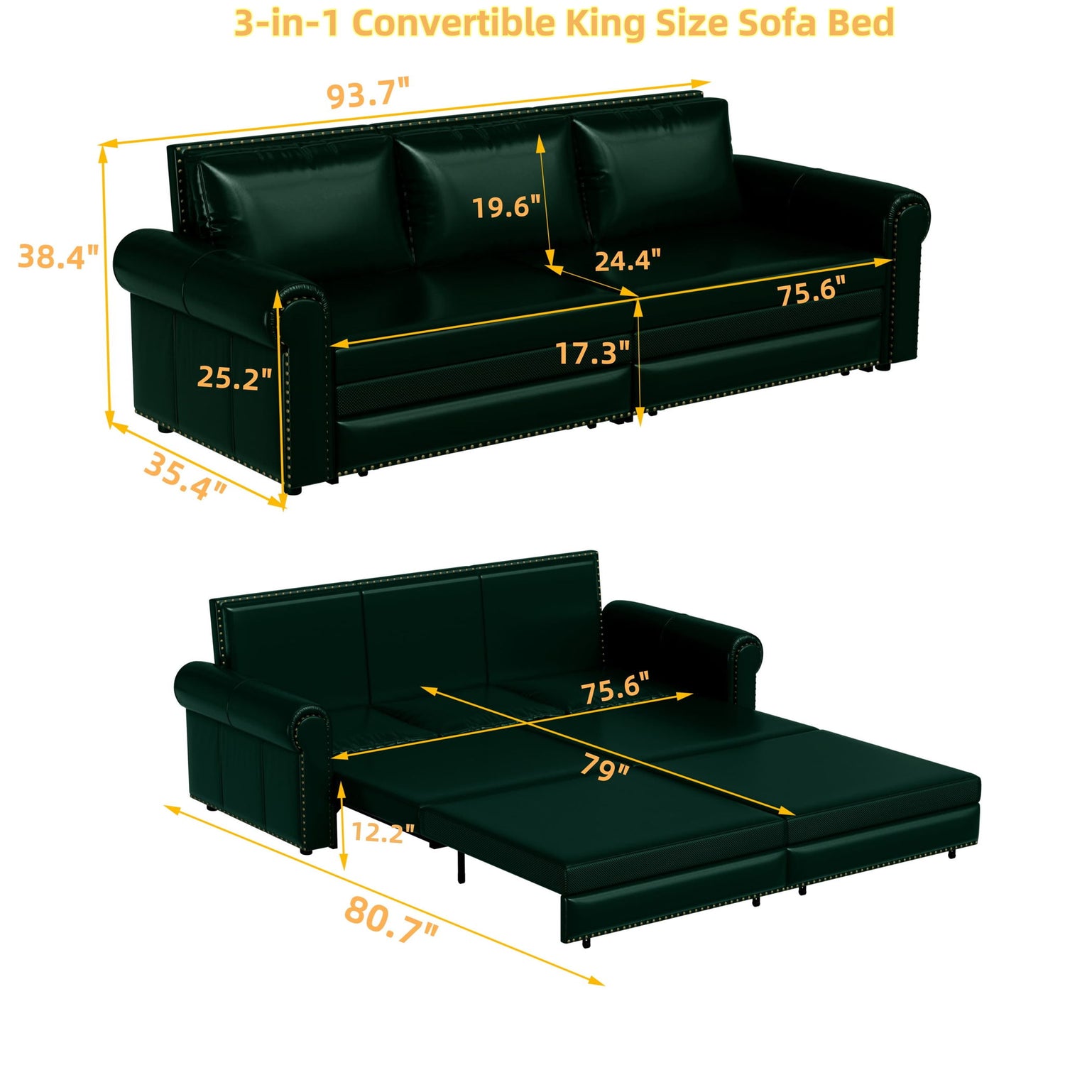 3 In 1 Convertible Sleeper Sofa With Nailhead Trim &amp; Rolled Arm