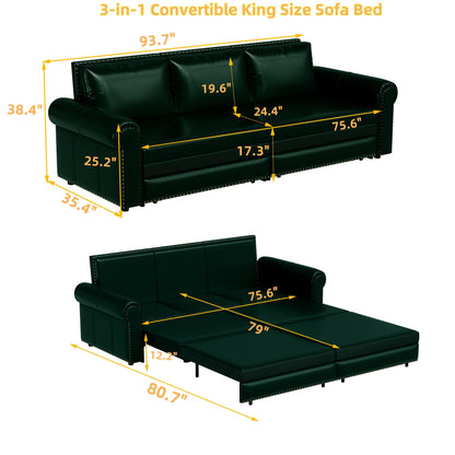 3 In 1 Convertible Sleeper Sofa With Nailhead Trim &amp; Rolled Arm