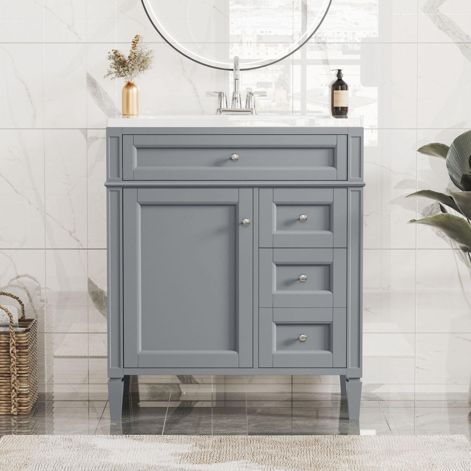 Bathroom Vanity With Top Sink, 2 Drawers &amp; Tip Out Drawer