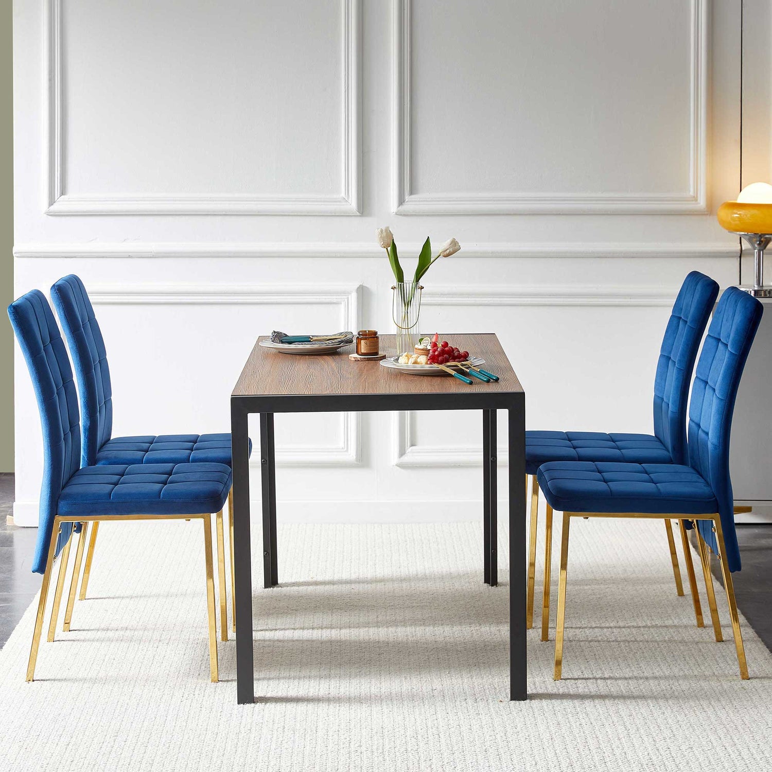 5 Pieces Dining Set Including Velvet High Back Golden Color Legs Nordic Dining Chair &amp; Creative Design Dining Table