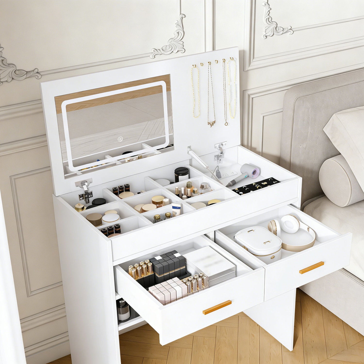 Flip Top Vanity Desk With LED Mirror &amp; Outlet Makeup Table With 2 Drawers, Open Storage, And Jewelry Hooks - White