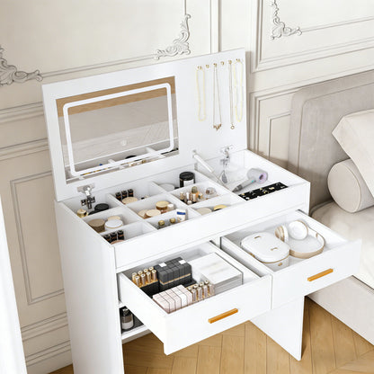 Flip Top Vanity Desk With LED Mirror &amp; Outlet Makeup Table With 2 Drawers, Open Storage, And Jewelry Hooks - White
