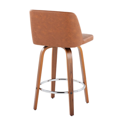 Toriano - Contemporary Fixed Height Counter Stool With Swivel &amp; Round Footrest (Set of 2) - Walnut / Camel