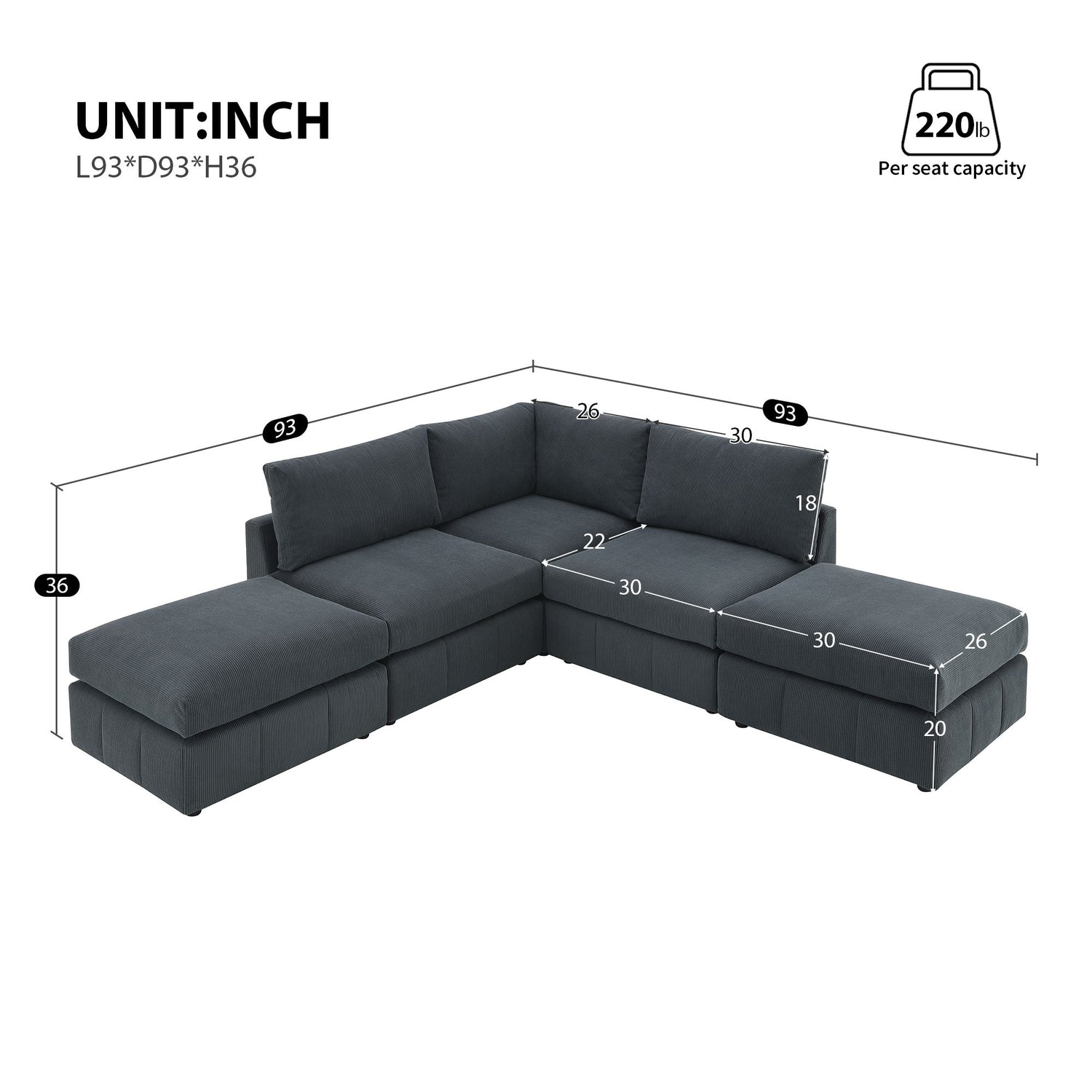 Modern Sectional Sofa With Vertical Stripes, 5 Seat Armless Couch Set With Convertible Ottomans, Various Combinations, L-Shape Indoor Furniture For Living Room