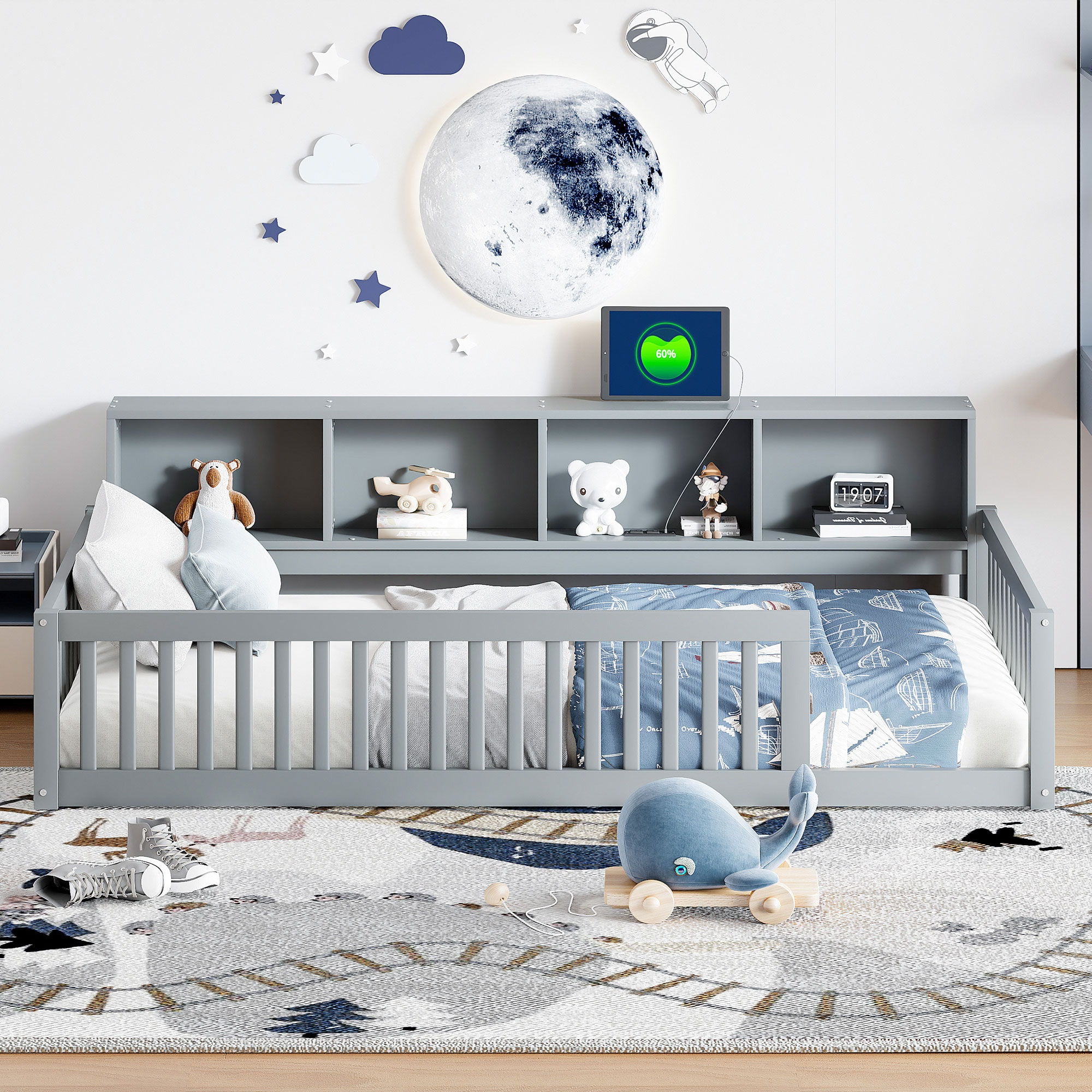 Twin Long Floor Bed With Storage Cabinets And USB Ports - Gray