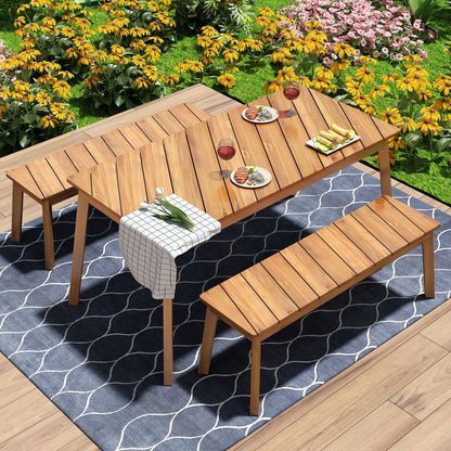 3 Pieces Acacia Wood Table Bench Dining Set For Outdoor &amp; Indoor Furniture With 2 Benches, Picnic Beer Table For Patio, Porch, Garden, Poolside - Natural