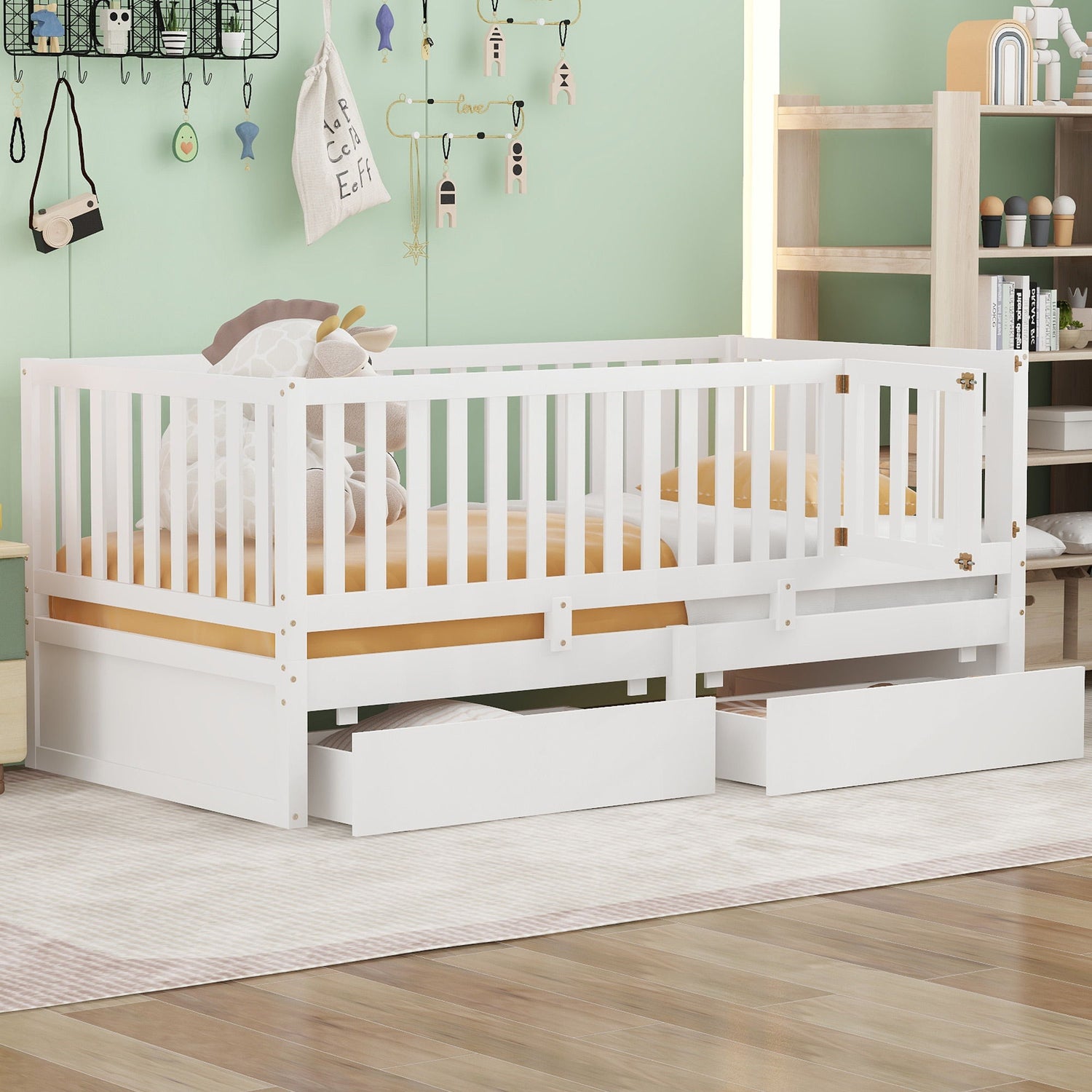 Daybed With Fence Guardrails And 2 Drawers, Split Into Independent Floor Bed &amp; Daybed