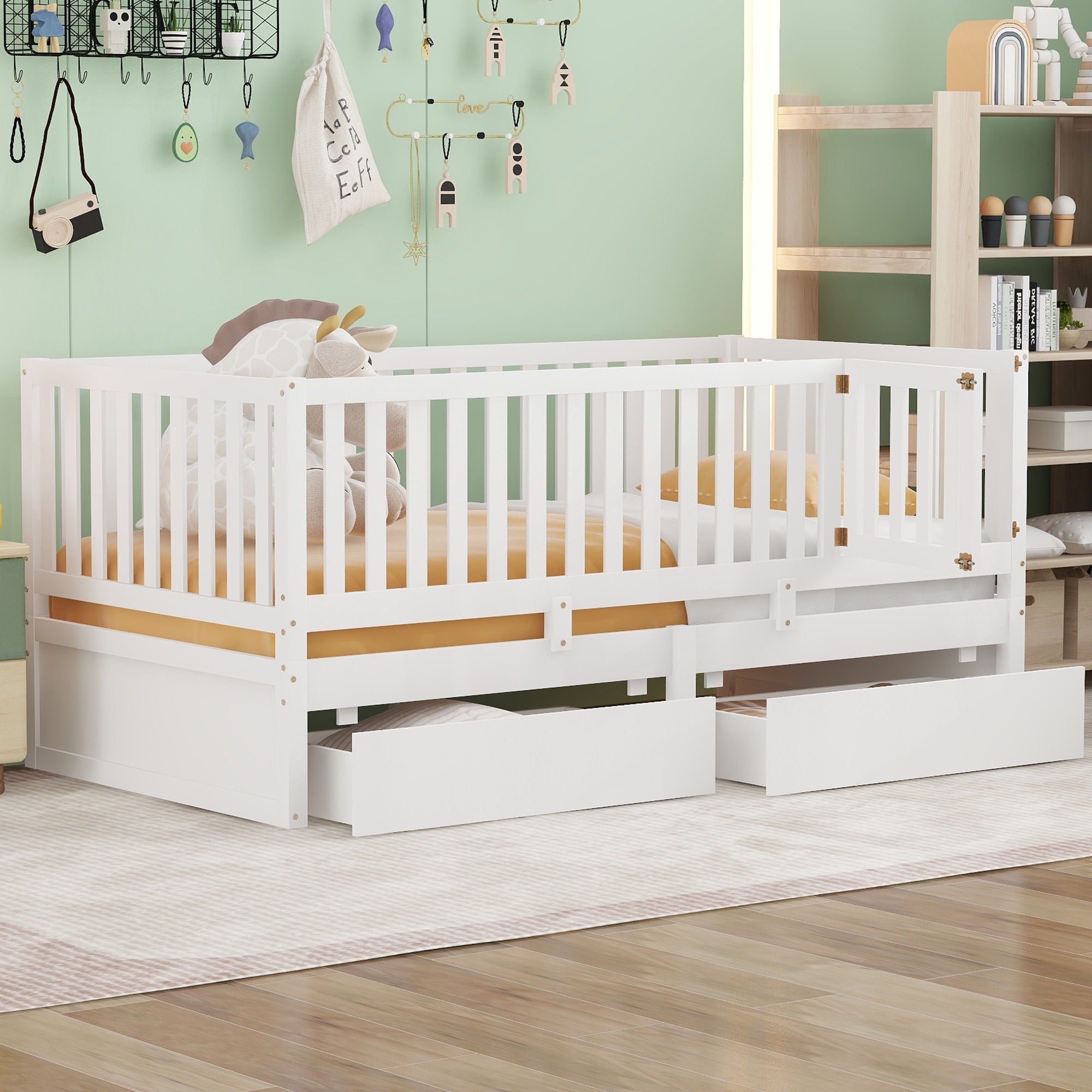 Daybed With Fence Guardrails And 2 Drawers, Split Into Independent Floor Bed &amp; Daybed
