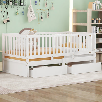 Daybed With Fence Guardrails And 2 Drawers, Split Into Independent Floor Bed &amp; Daybed