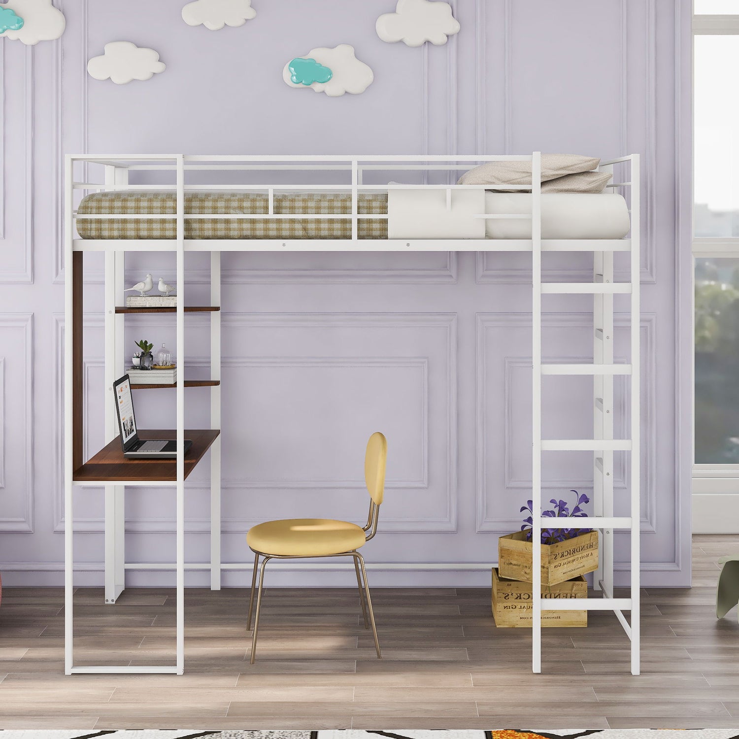 Hearth &amp; Haven - Twin Metal Loft Bed With 2 Shelves And One Desk - White
