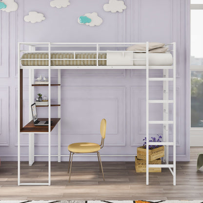 Hearth &amp; Haven - Twin Metal Loft Bed With 2 Shelves And One Desk - White