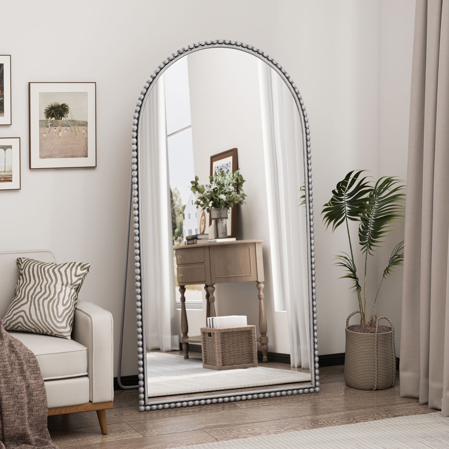 Arch Retro Full Length Mirror With Supporting Feet - Silver