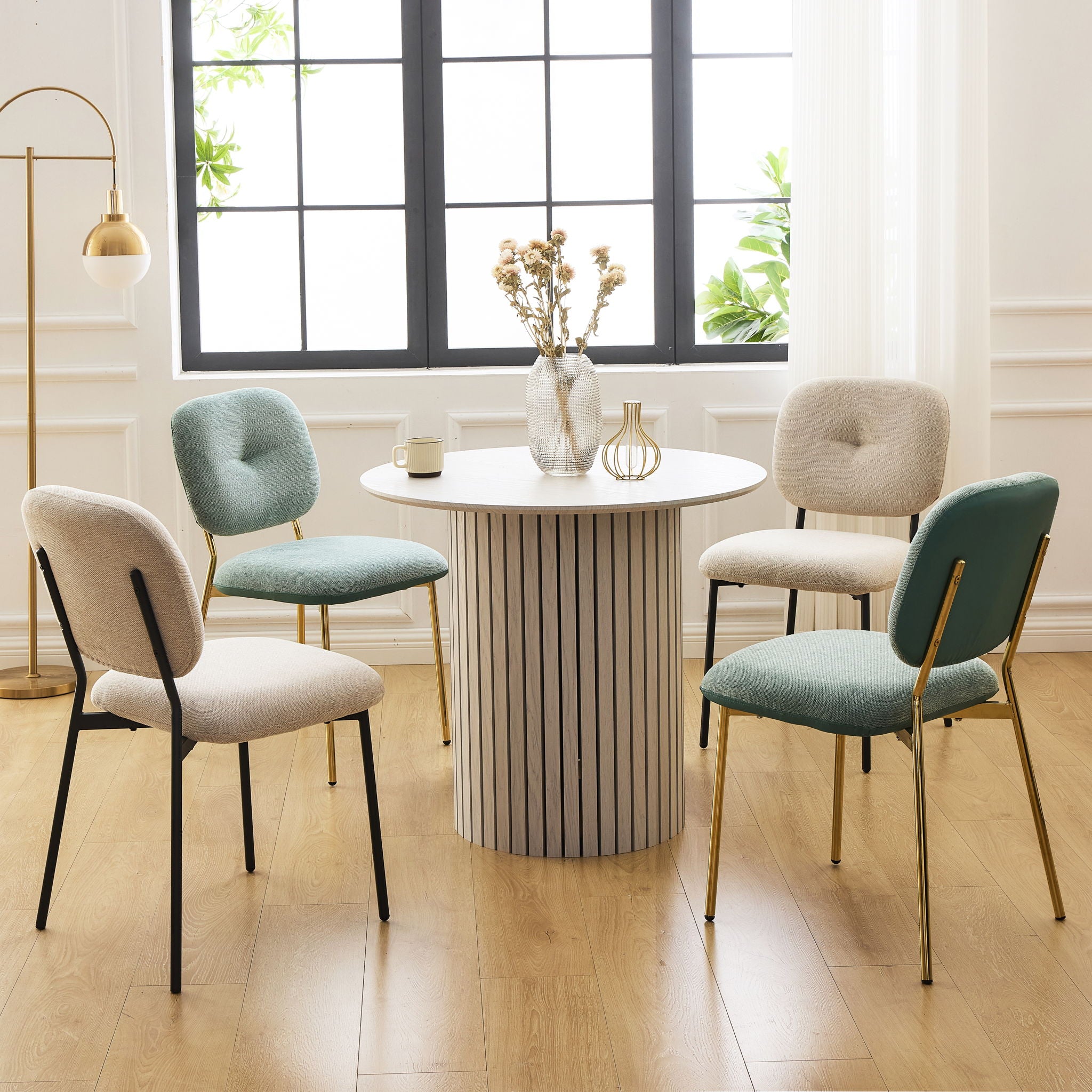 Modern 4 Person Dining Set With Bamboo &amp; Table And Turquoise &amp; Chairs Metal Legs, Space Saving Design - White