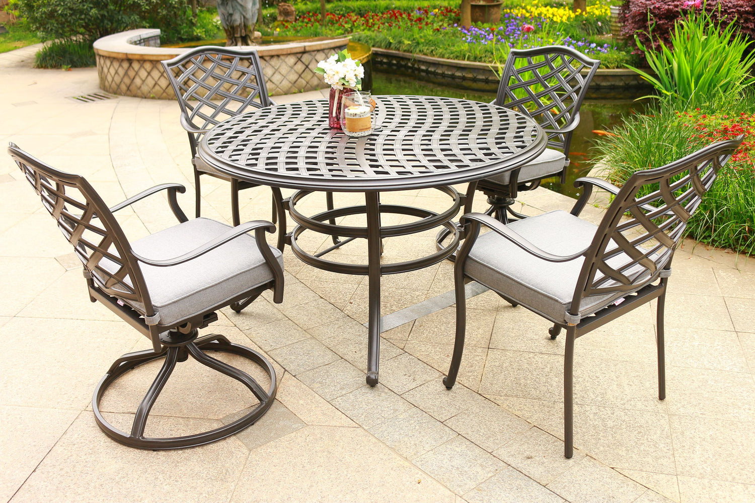 Round 49&quot; Long Aluminum Dining Set With Cushions