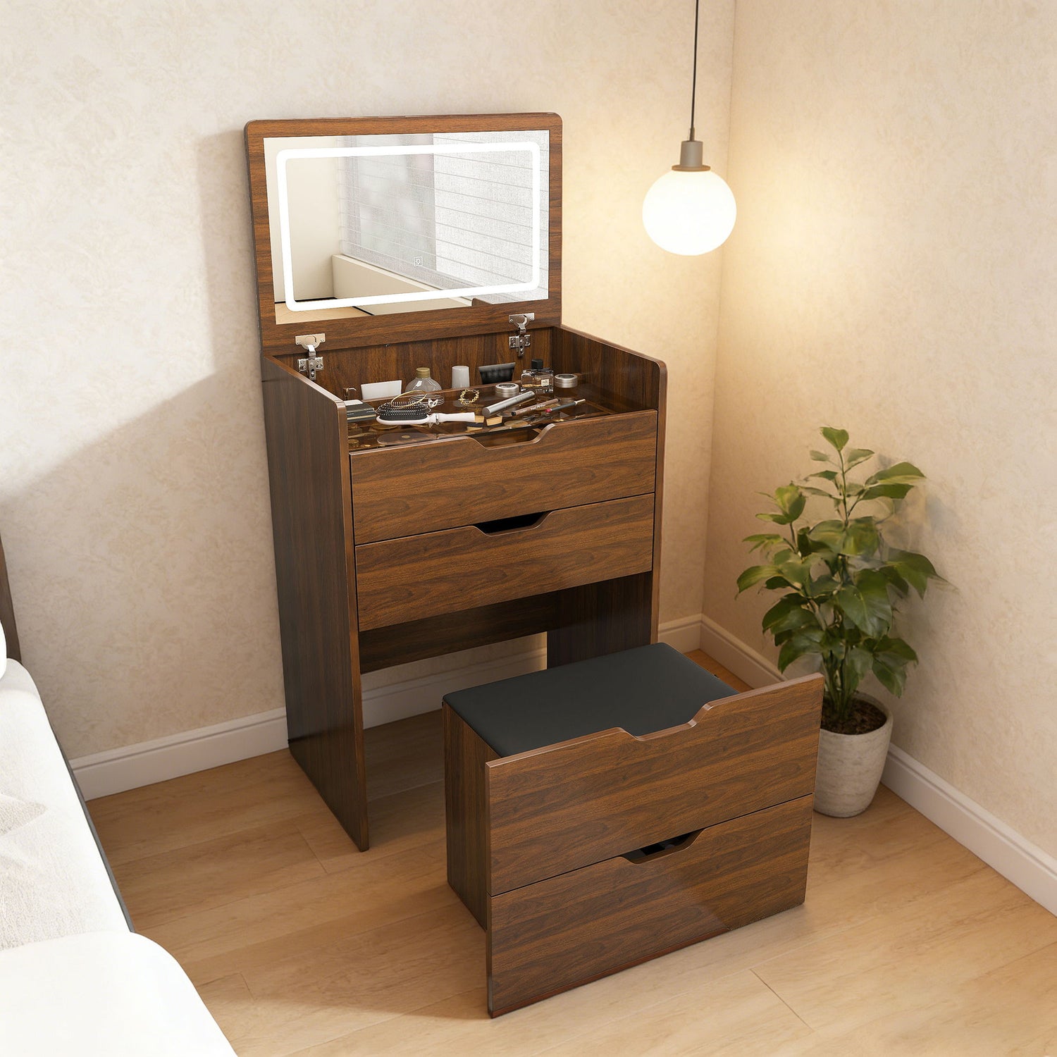 Vanity Desk With Lighted Mirror &amp; Stool