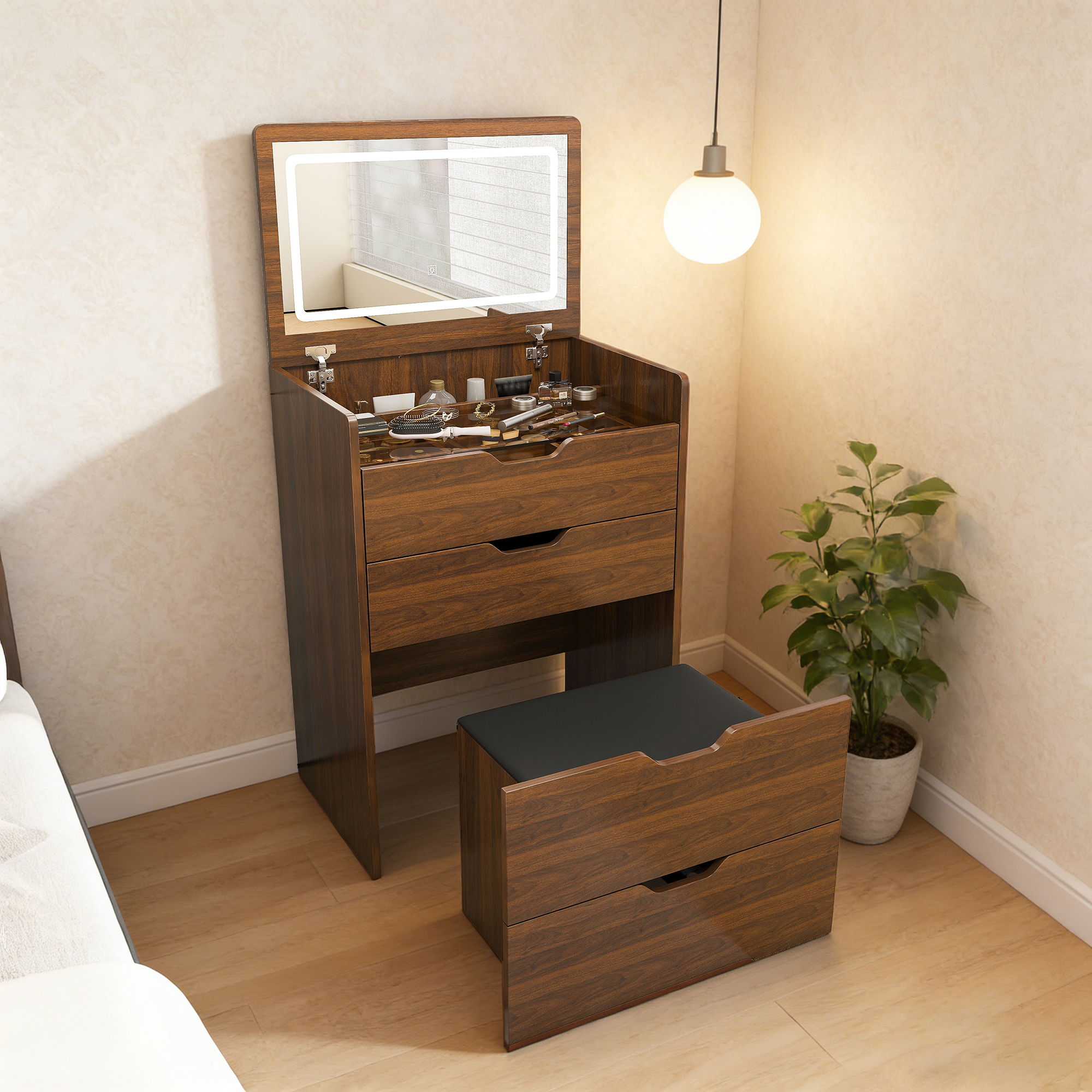 Vanity Desk With Lighted Mirror &amp; Stool
