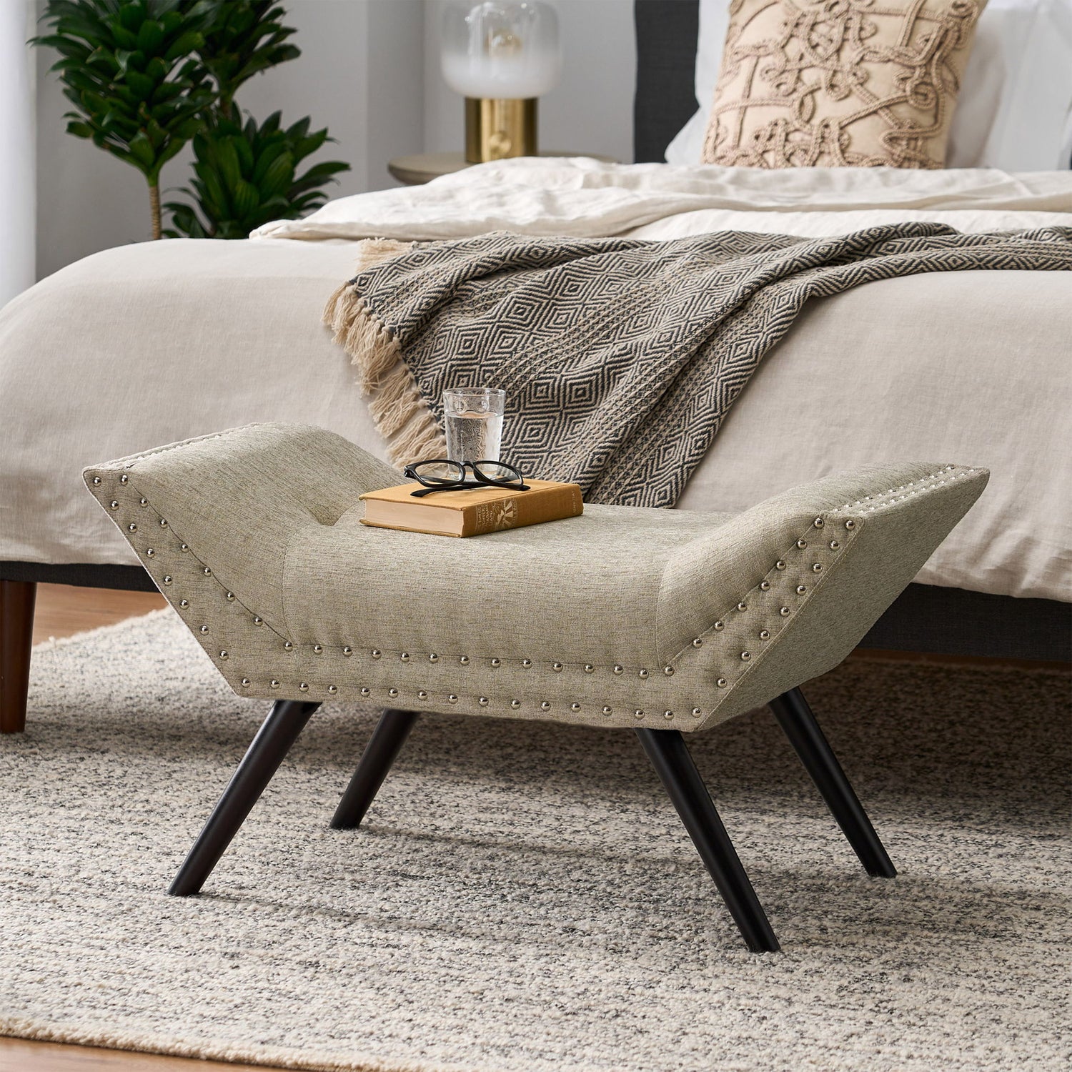 Hariata - Contemporary Fabric Tufted Ottoman Bench - Beige