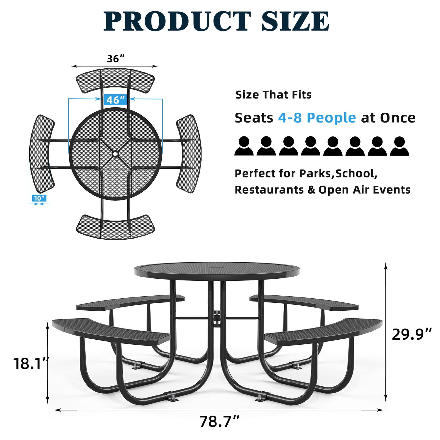 Round Outdoor Steel Picnic Table 46&quot; With Umbrella Pole