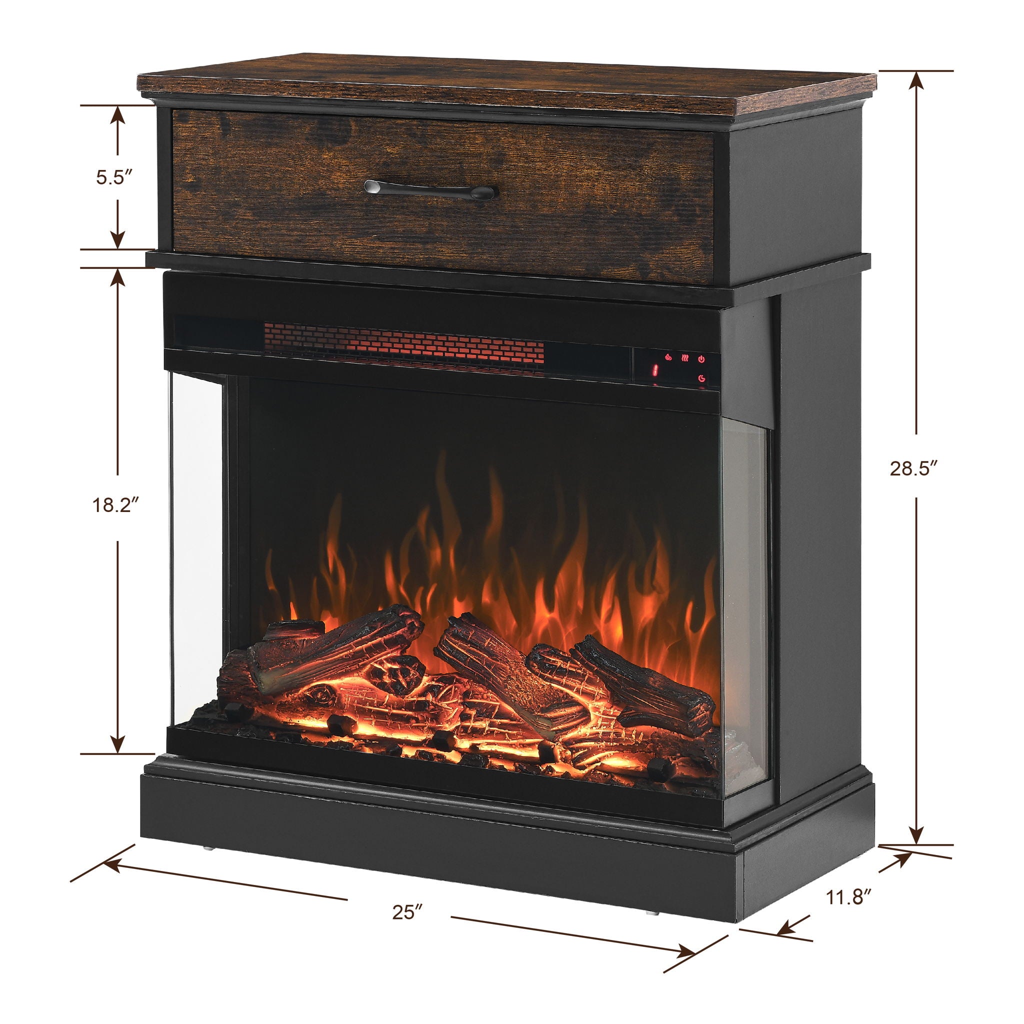 25&quot; Stand Side Table With 3-Sided Glass Electric Fireplace - Antique Black