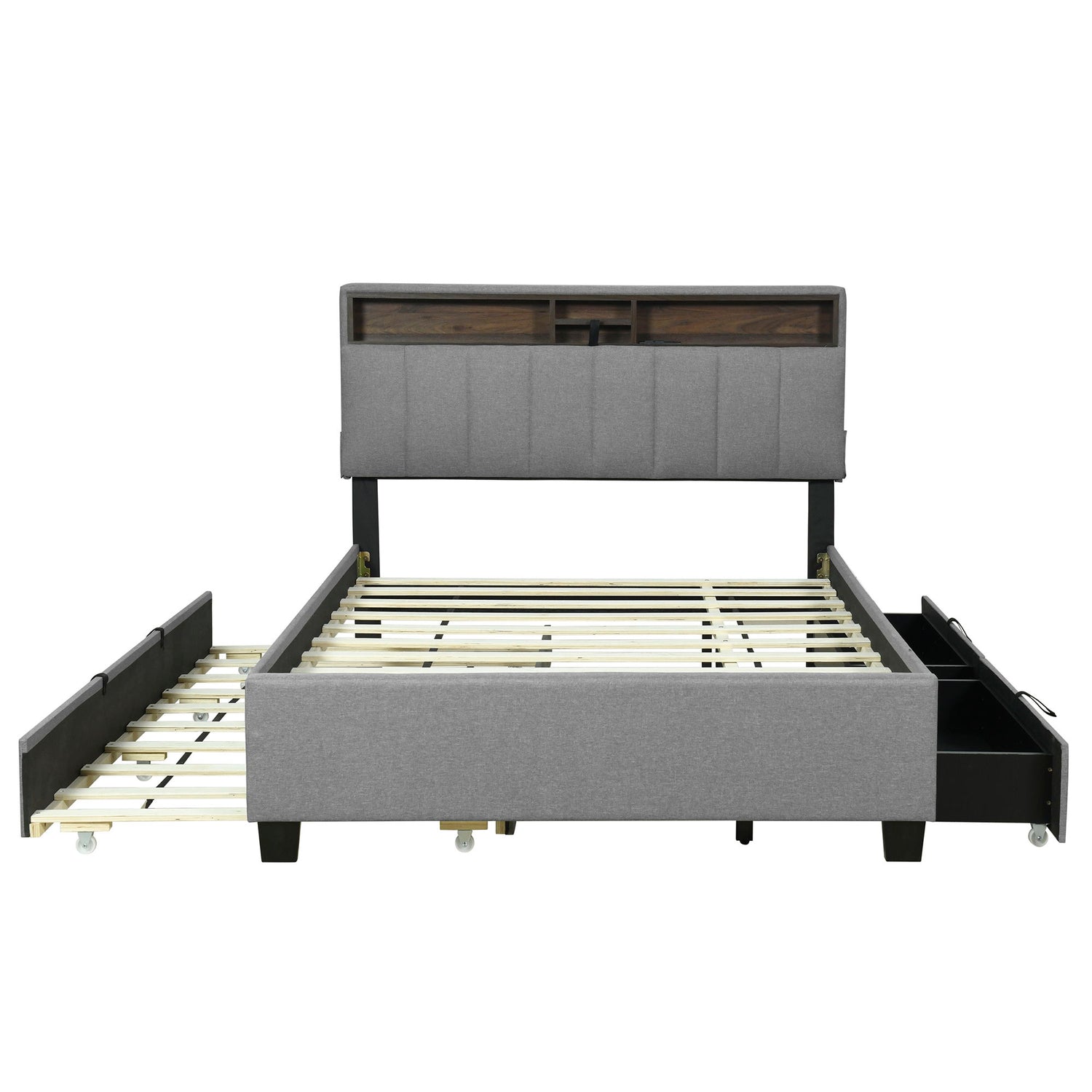 Upholstered Platform Bed With Storage Headboard, Trundle &amp; 2 Drawers And A Set Of Sockets &amp; USB Ports