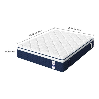 Rresta Hotel Collection - 12" Medium Firm Hybrid Mattress With 5 Zone Support For Back &amp; Hip Relief, Fiber Free, Certipur Us Certified