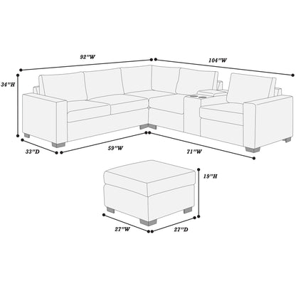 Contemporary L-Shaped Sectional Set With USB Console &amp; Ottoman
