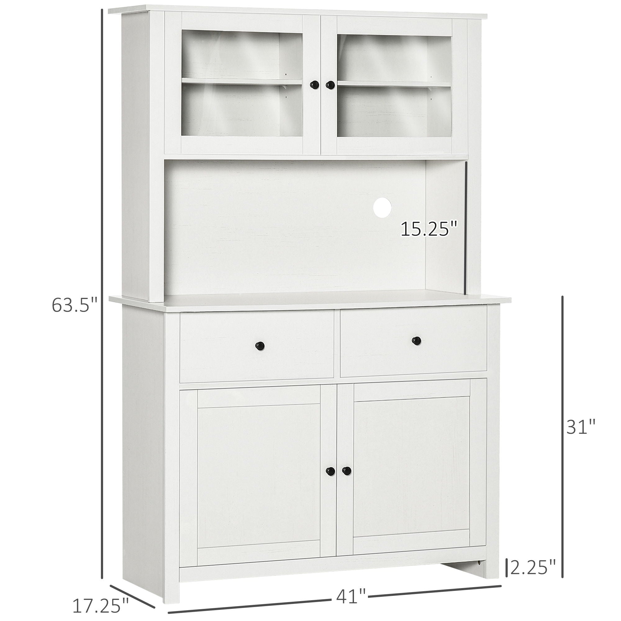 Homcom - 63.5&quot; Kitchen Buffet With Hutch, Pantry Storage Cabinet With 4 Shelves, Drawers, Framed Glass Doors, Open Microwave Countertop - Antique White