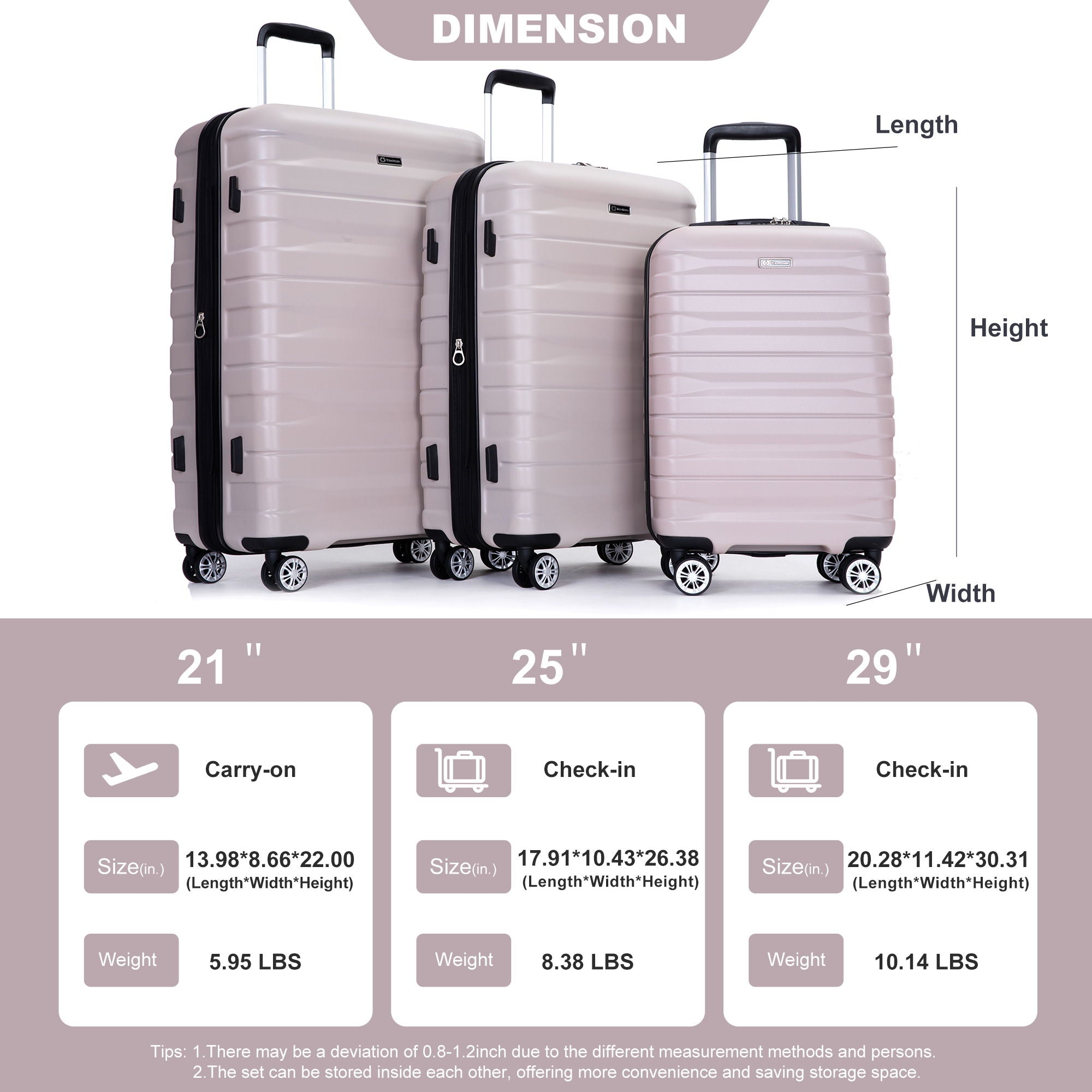 3 Piece Luggage Sets Lightweight &amp; Durable Expandable Suitcase With Two Hooks