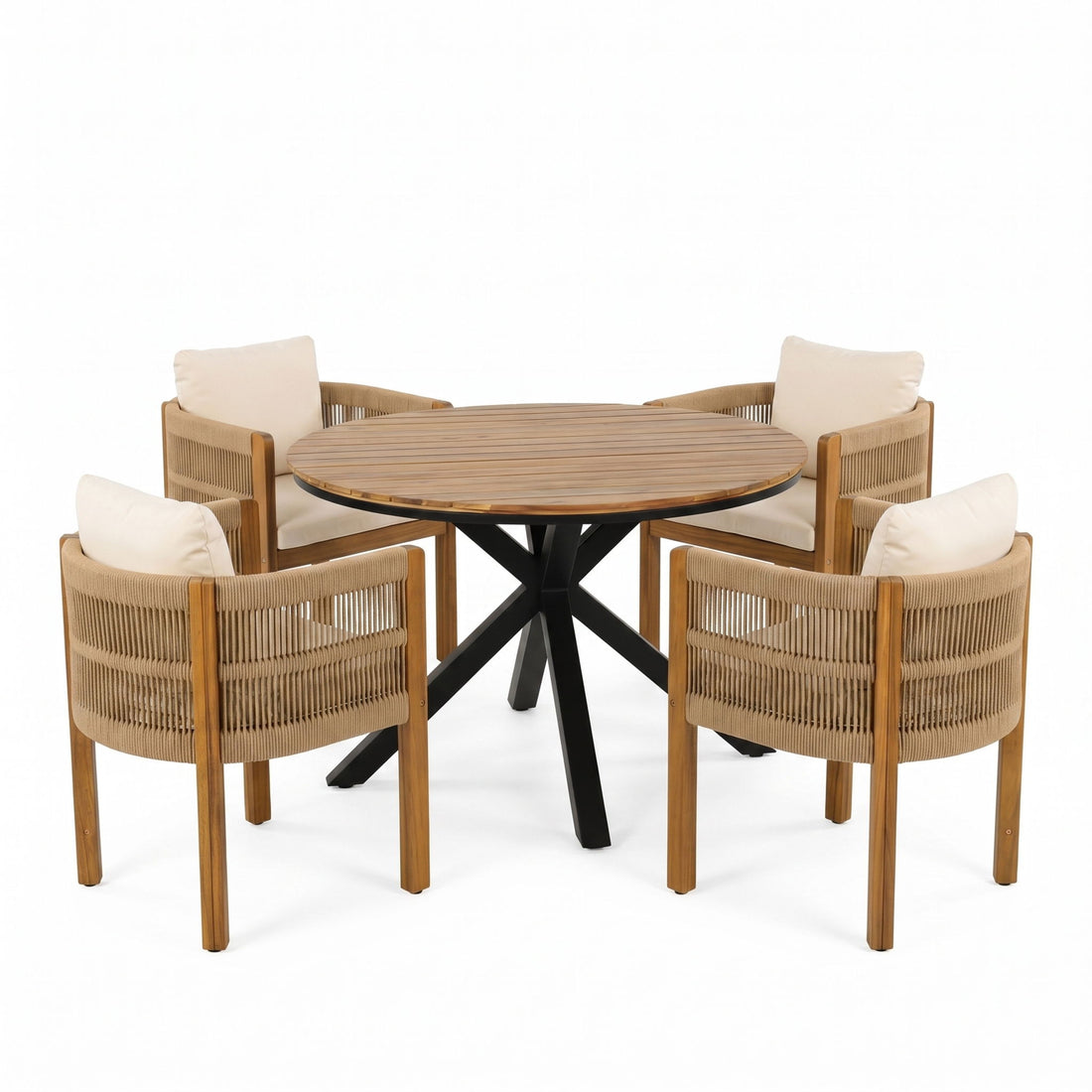 5 Piece Outdoor Dining Set With Round Table And 4 Wrapped Chairs - Black / Brown / Teak