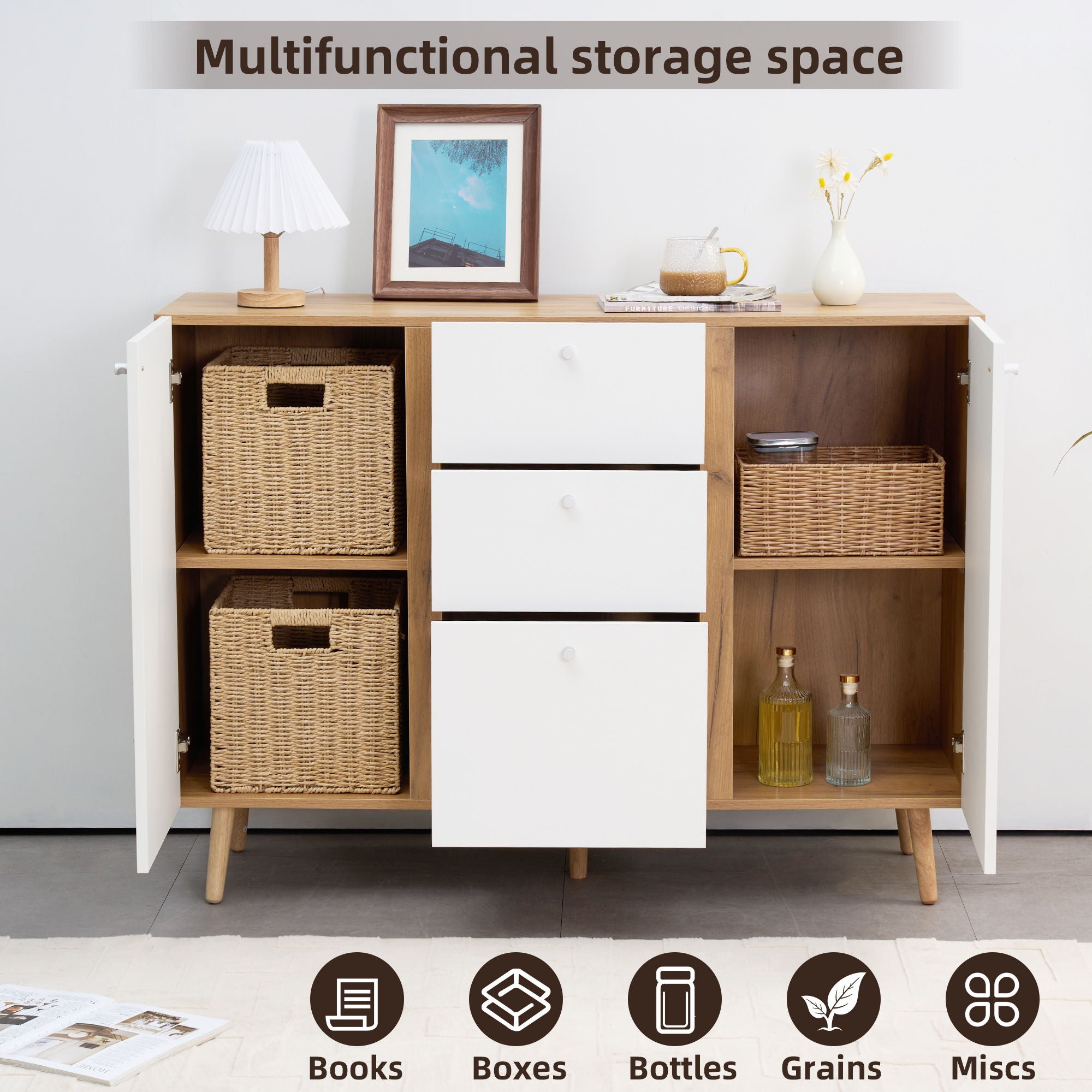 Sideboard Buffet Cabinet With 3 Drawers &amp; 2 Doors, Buffet Cabinet With Adjustable Shelves For For Living Room Dining Room Hallway, Kitchen - White