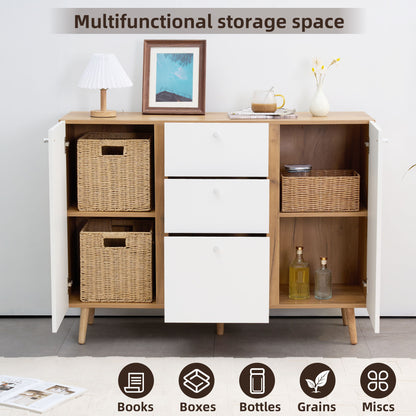Sideboard Buffet Cabinet With 3 Drawers &amp; 2 Doors, Buffet Cabinet With Adjustable Shelves For For Living Room Dining Room Hallway, Kitchen - White