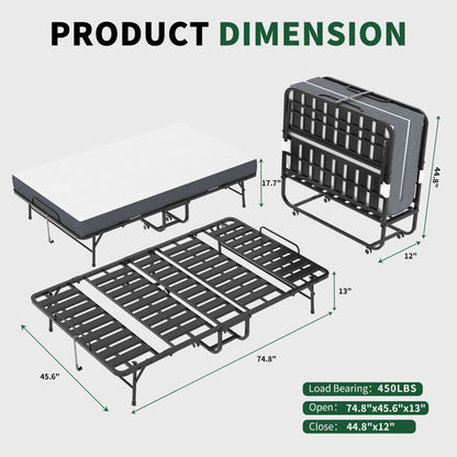 Twin Wide Folding Bed For Tall People, Extra Long &amp; Wide Rollaway With Memory Foam, Heavy-Duty - Black