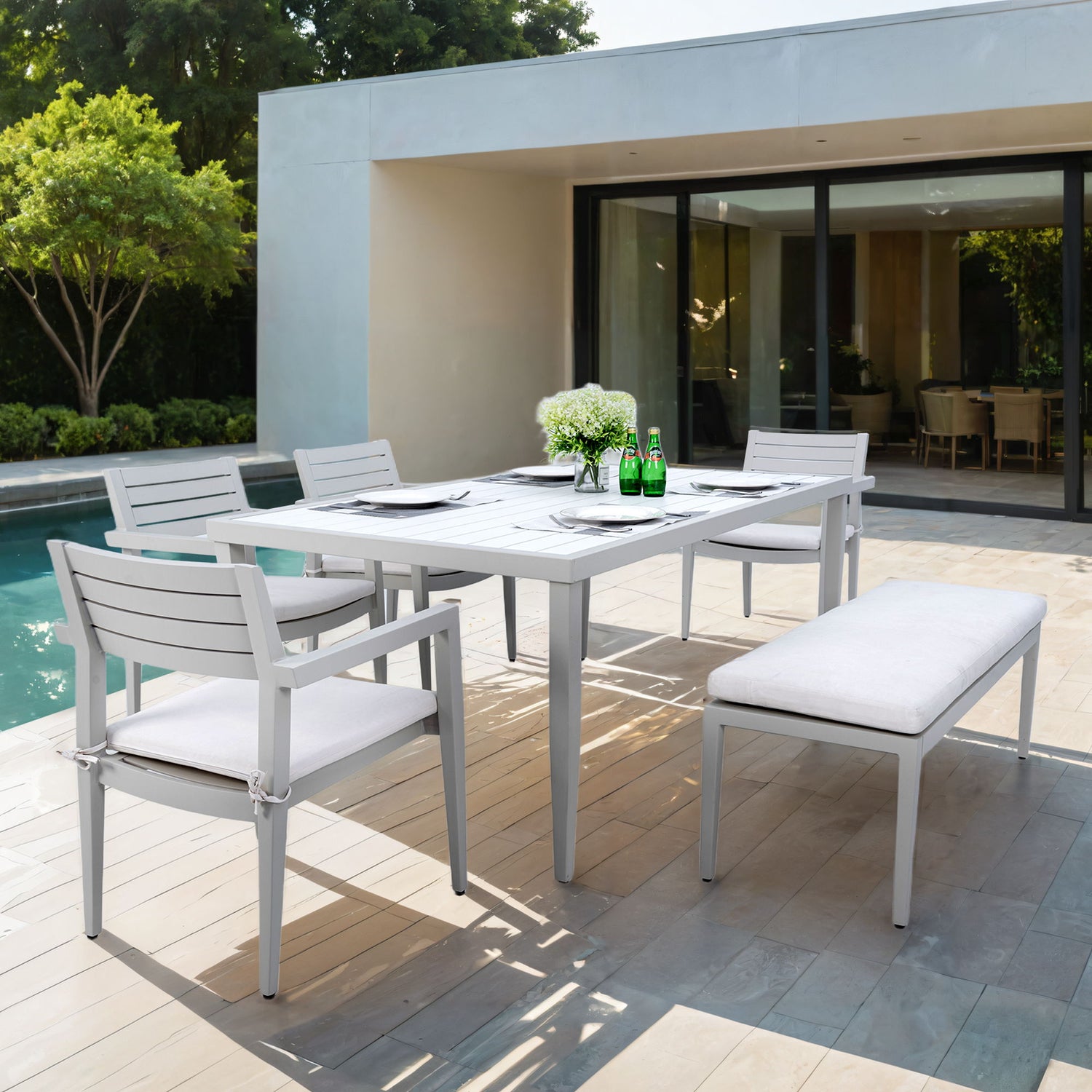 6 Piece Dining Set Modern Outdoor Patio Furniture, 4 Dining Chairs &amp; 1 Dining Bench Sunbrella Fabric And 2 Tone Rectangle Table With Umbrella Hole - Matte White / Grayish