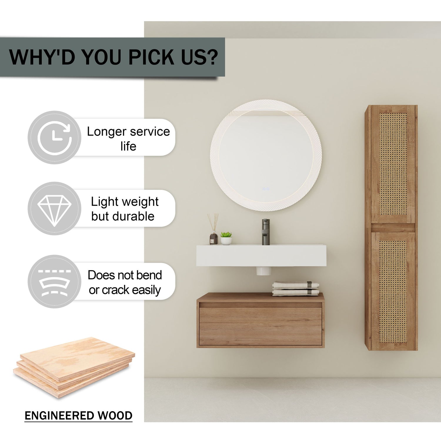 Modern Imitative Wall Mounted Bathroom Vanity With Resin Sink &amp; 2 Side Cabinet, Soft Close Drawer - Imitative Oak