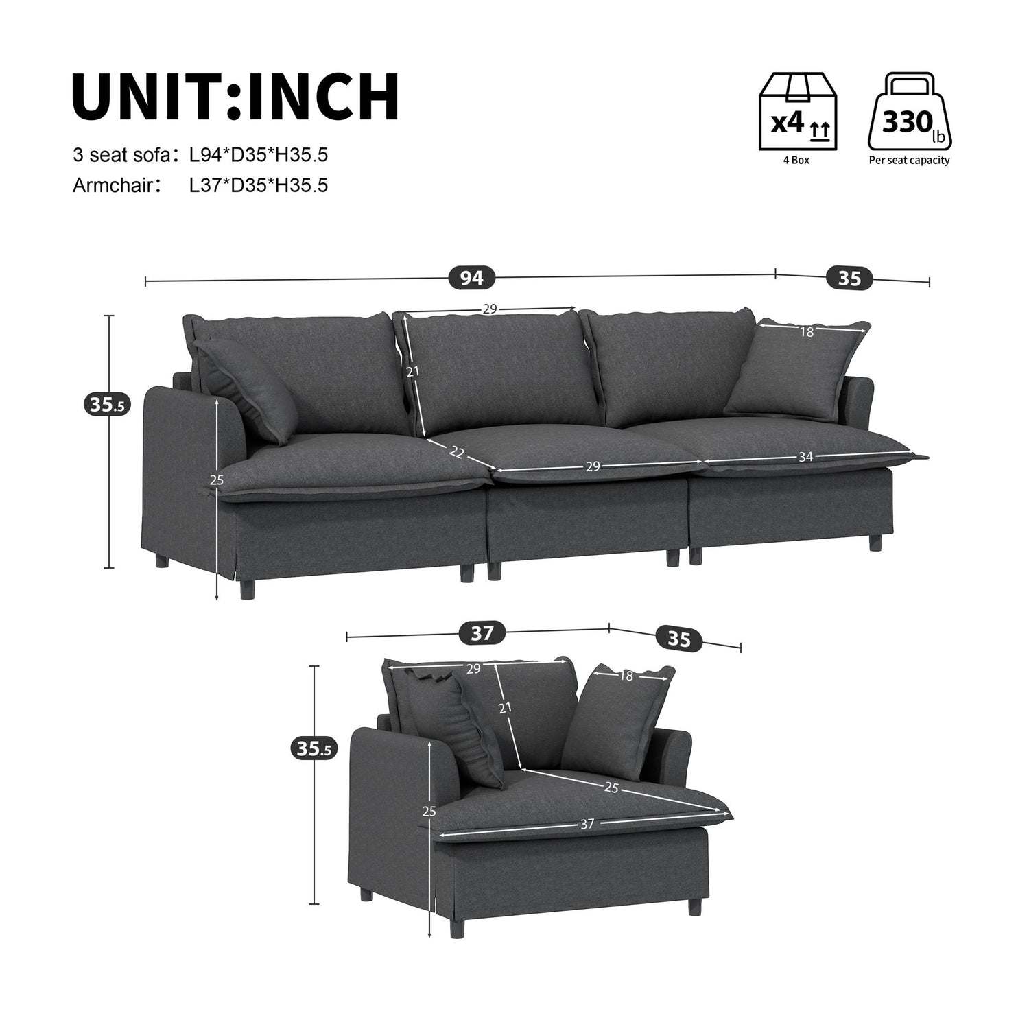 Living Room Set Modular Sectional Couch, Upholstered Sofa &amp; Armchair &amp; Movable Ottoman