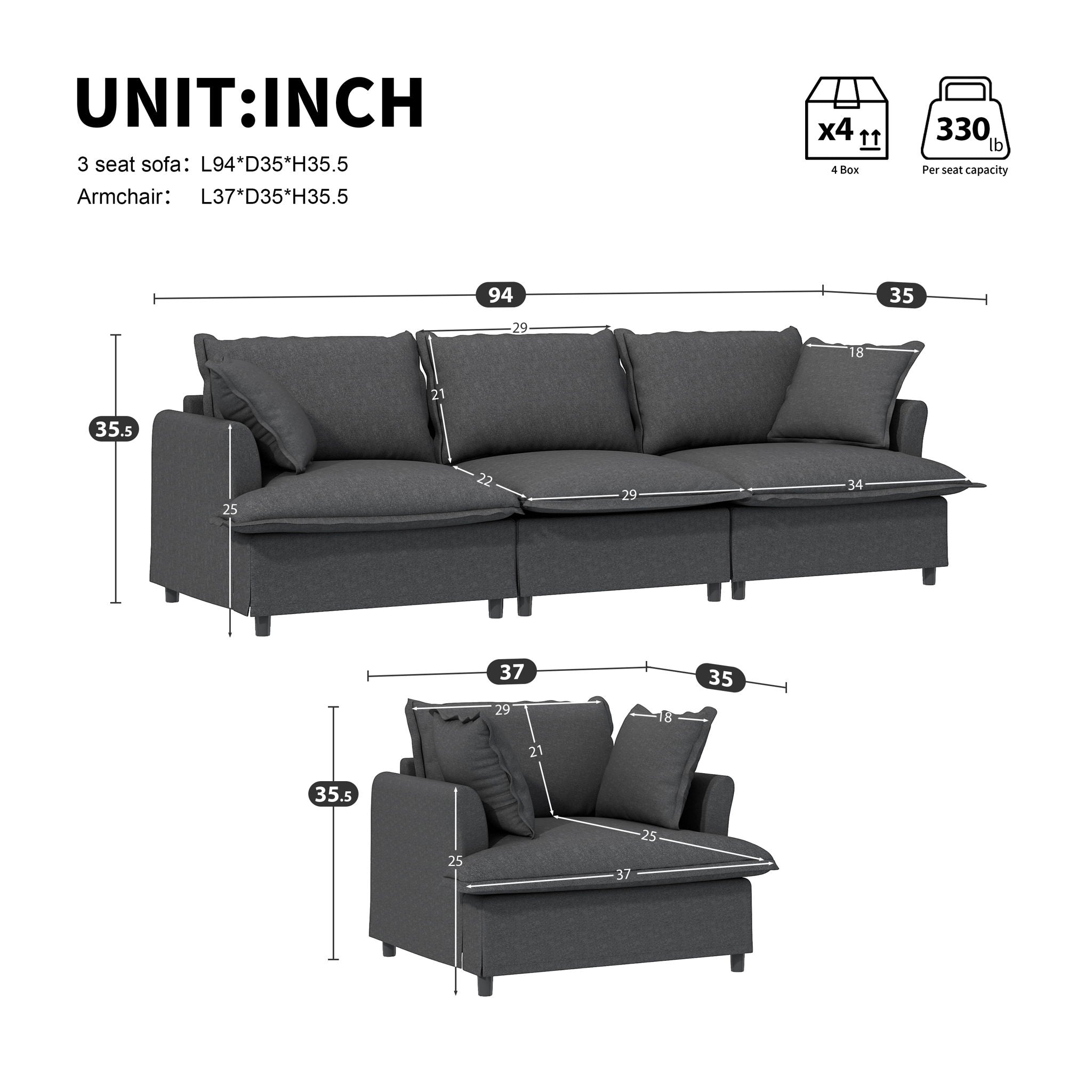 Living Room Set Modular Sectional Couch, Upholstered Sofa &amp; Armchair &amp; Movable Ottoman