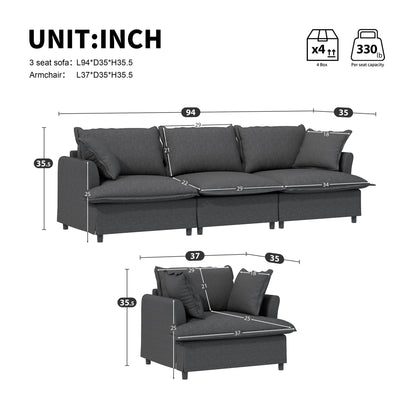 Living Room Set Modular Sectional Couch, Upholstered Sofa &amp; Armchair &amp; Movable Ottoman