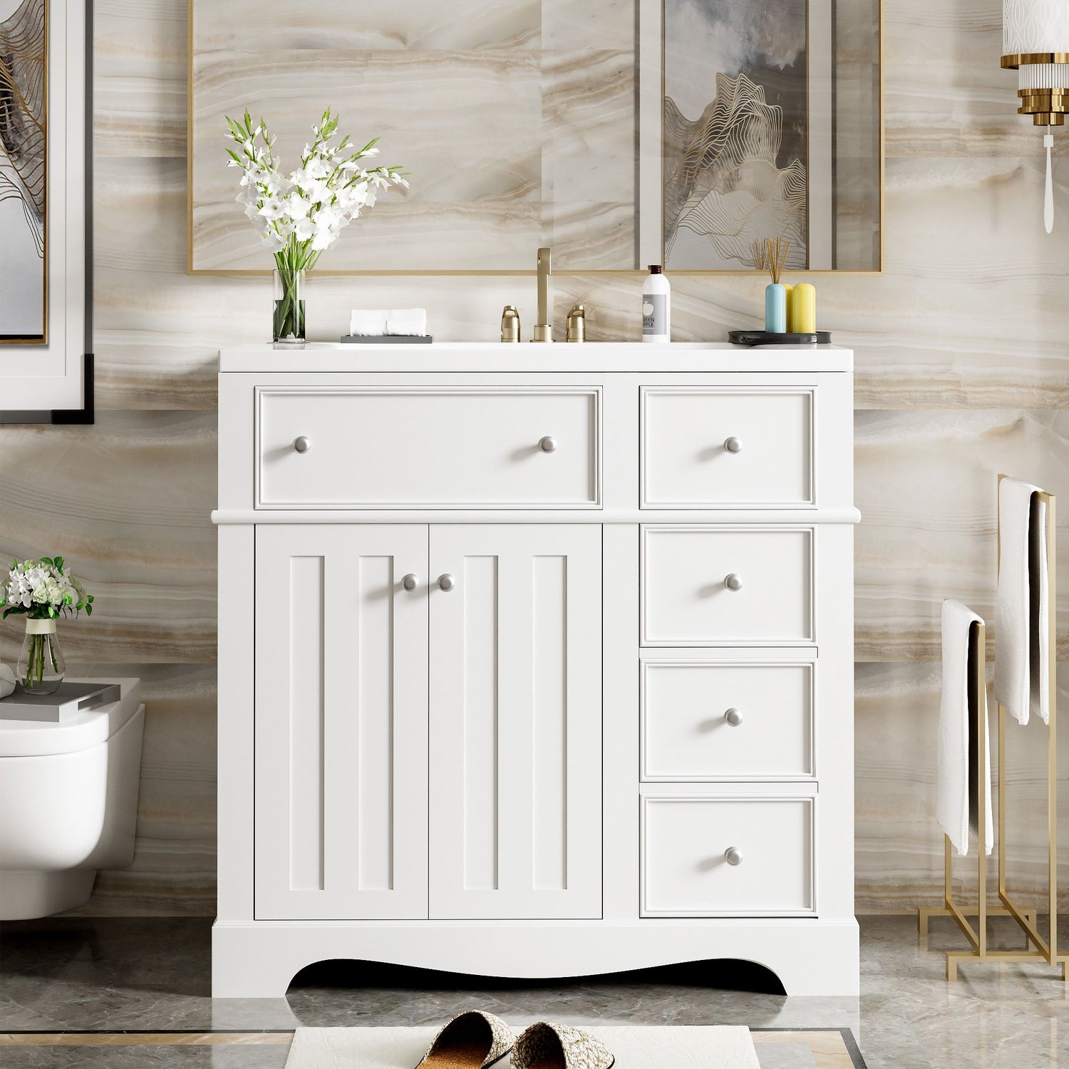 Bathroom Vanity With Resin Sink Combo, Frame Bathroom Storage Cabinet, Freestanding Vanity Set With 3 Drawers &amp; Adjustable Shelf - White